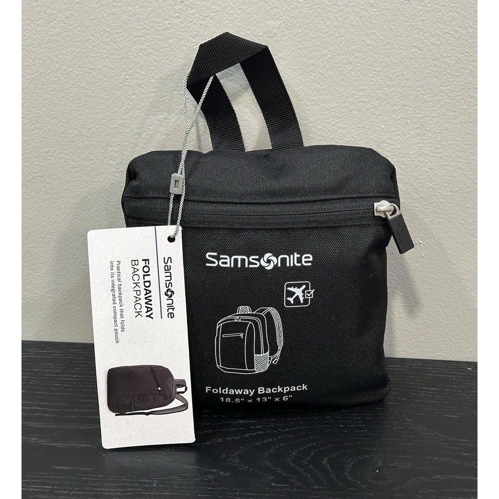 Samsonite Foldaway Travel Backpack, Black Pockets Compact Pouch NEW